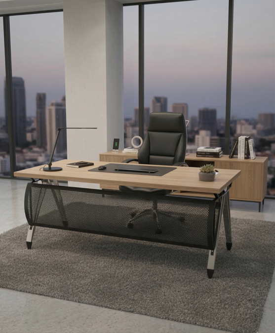Luxury Executive Desk with Natural Wood Top and Curved Metal Accents