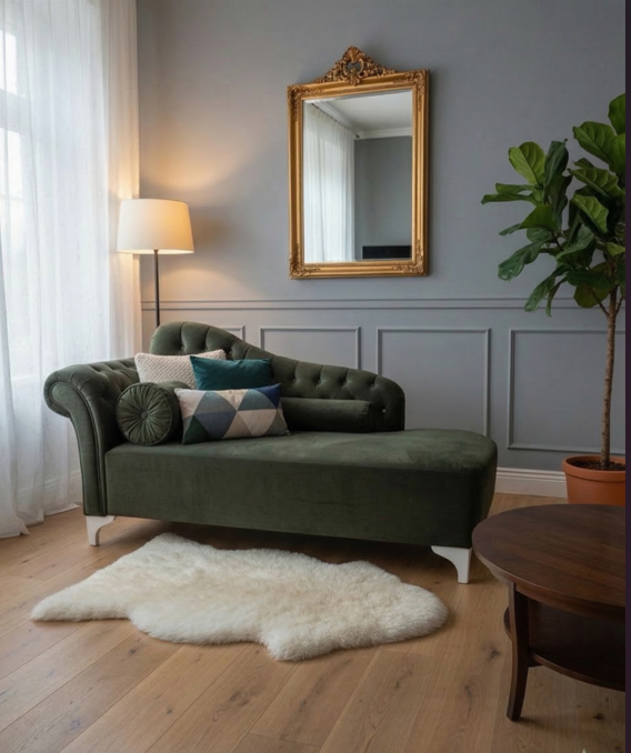 Elegant Forest Green Velvet Chaise Lounge with Tufted Backrest